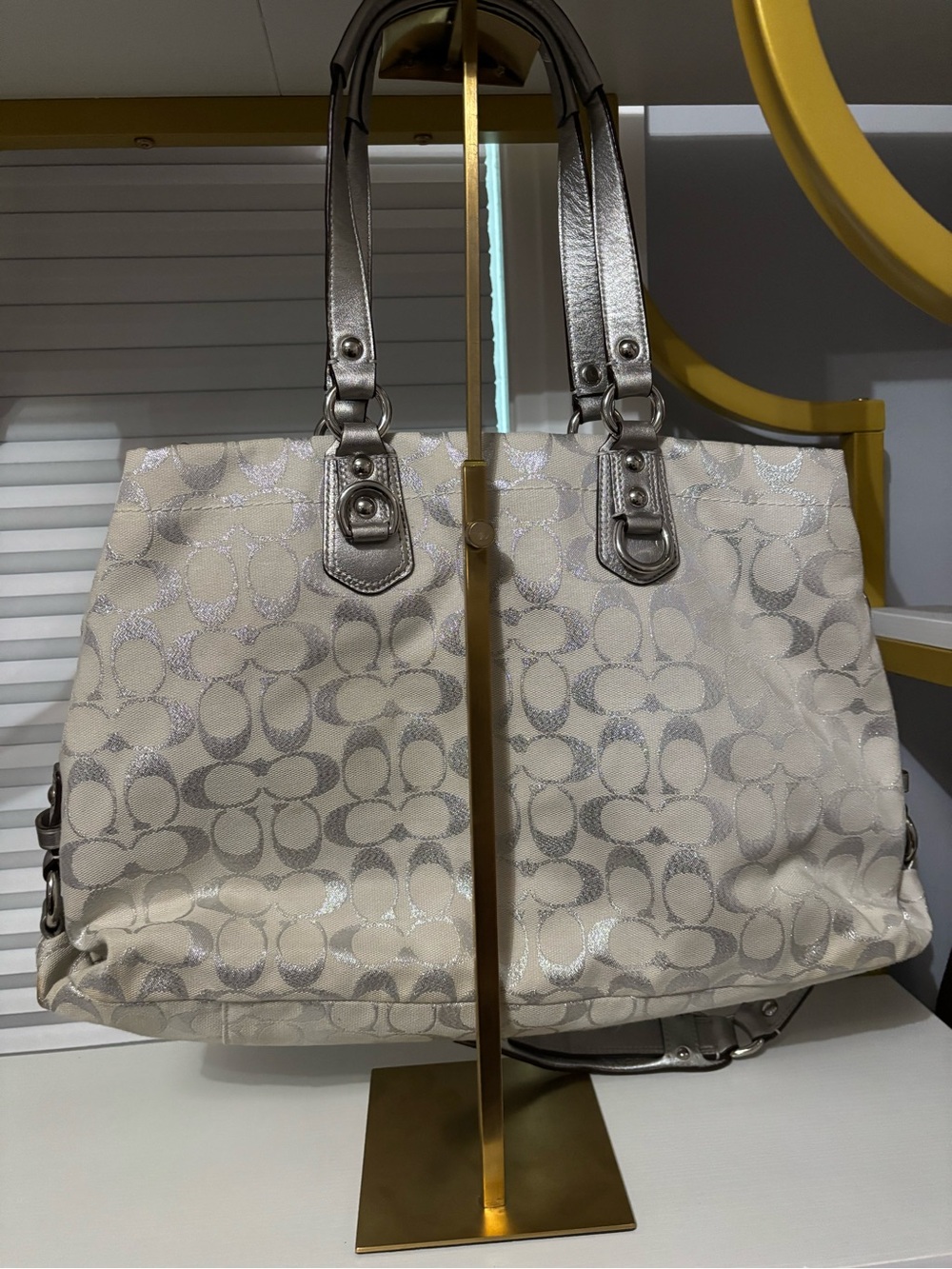 Coach Metallic Silver & Ivory Patterned Tote - Picture 5 of 8